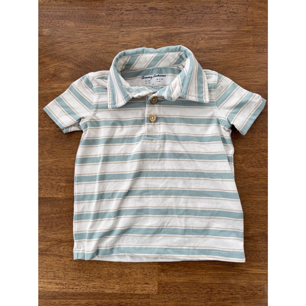 Tommy Bahama Baby Boys 12M Striped Polo Shirt Green Tan White Short Sleeve